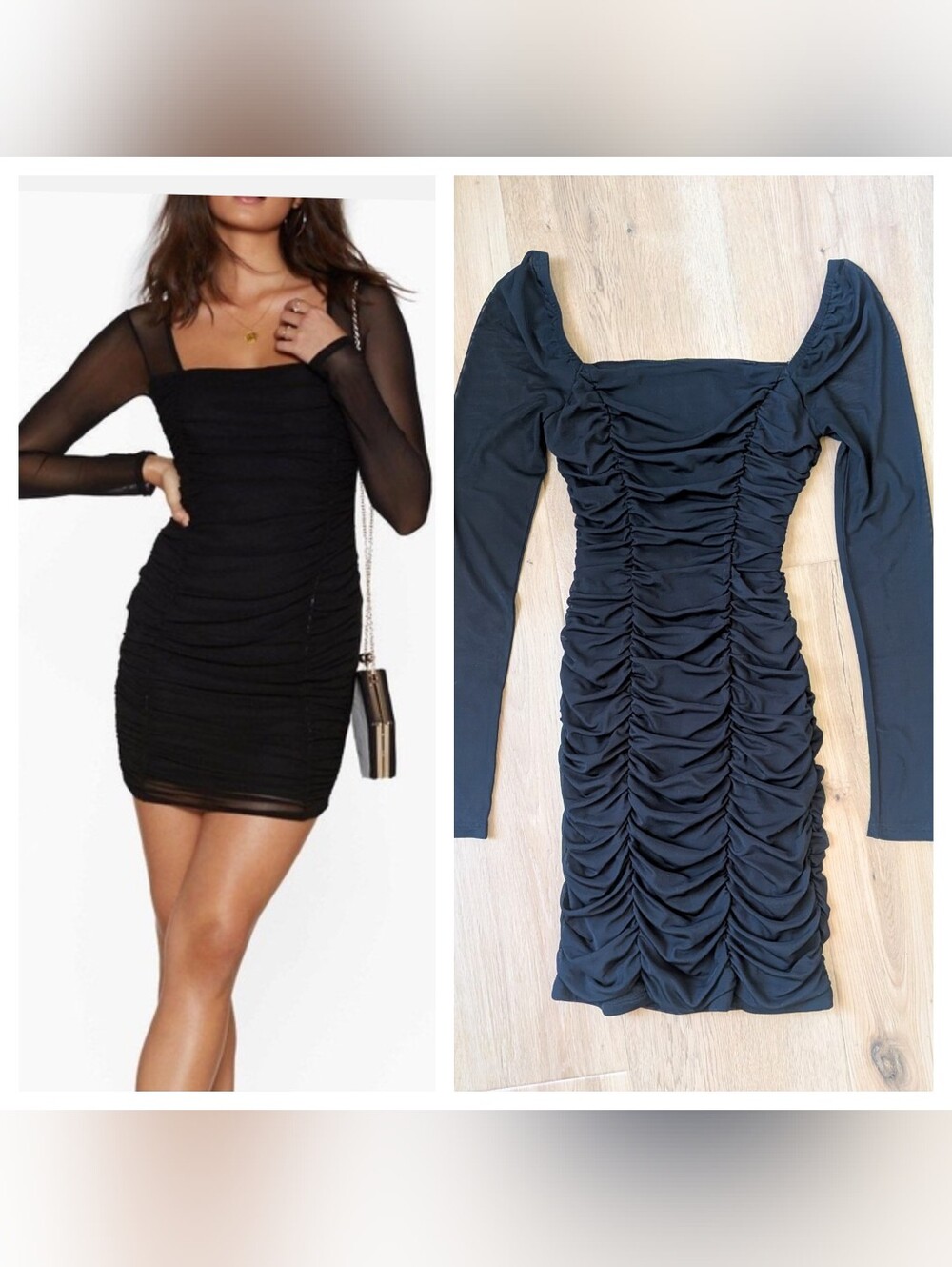 Leith Black Ruched Mesh Sheer Long Sleeve Mini Dress XS